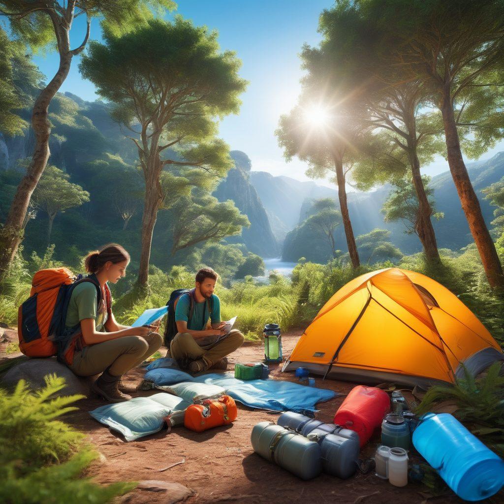 A serene outdoor scene showcasing a diverse group of adventurers preparing eco-friendly gear, surrounded by lush greenery and a clear blue sky. Include elements like reusable water bottles, biodegradable backpacks, and colorful maps. Show a tranquil campsite with solar-powered lanterns and wildlife in the background, emphasizing conservation and adventure. vibrant colors. super-realistic. nature-inspired.