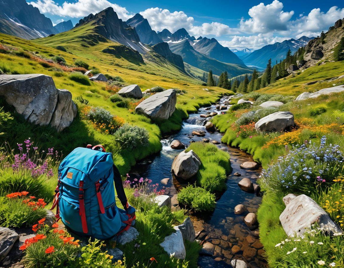 A breathtaking scene showcasing a winding scenic route with lush greenery, rocky terrain, and distant mountains, dotted with hidden gems like colorful wildflowers and a sparkling stream. A backpack filled with essentials rests on a mossy rock nearby, under a clear blue sky with fluffy clouds. The mood is adventurous and inviting, perfect for avid trekkers. vibrant colors. super-realistic. natural landscape.