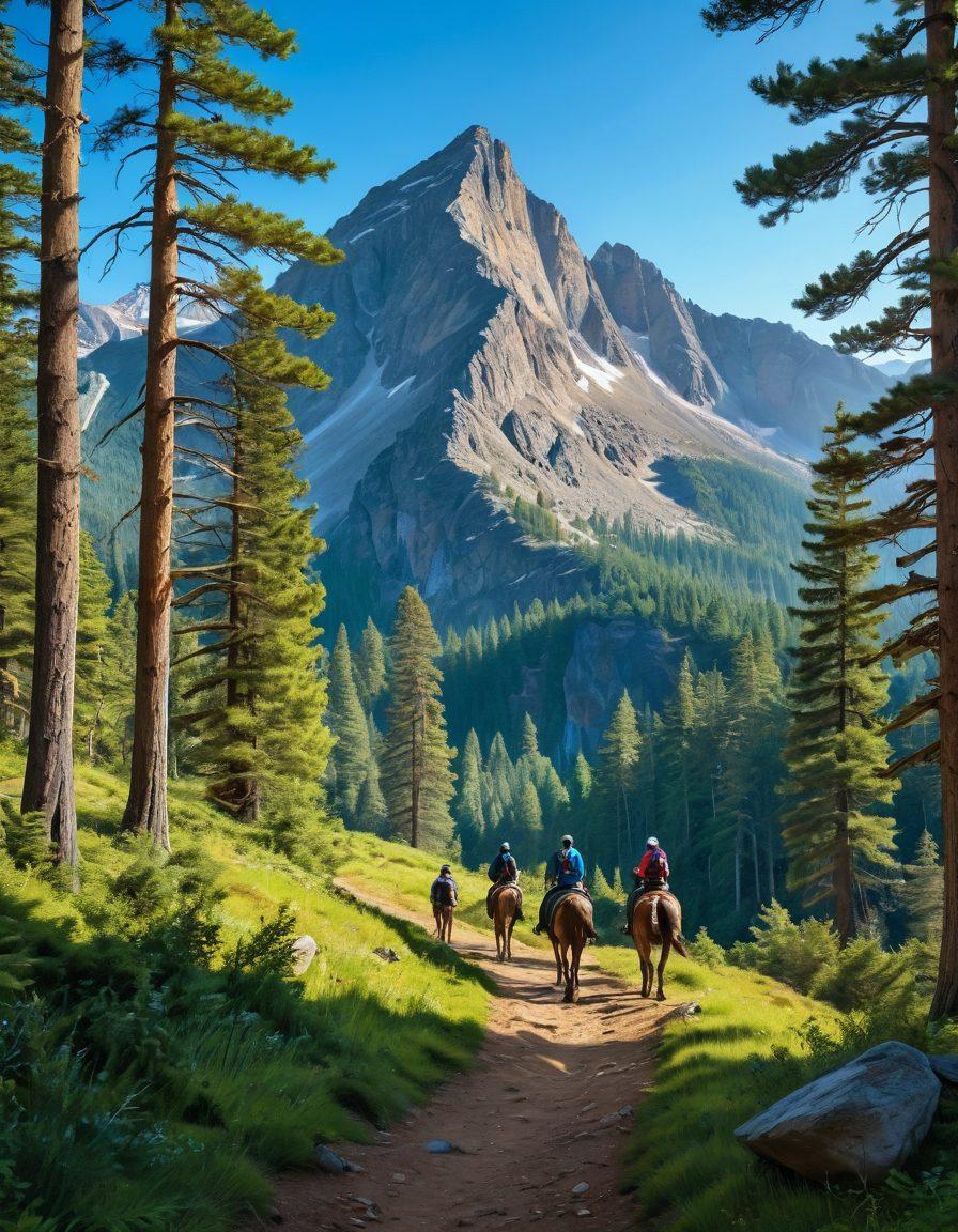 A majestic mountain landscape showcasing a diverse group of adventurers exploring a lush green trail, with a clear blue sky and towering pines in the background. Include elements of wildlife, such as deer or eagles, alongside hikers engaging in responsible outdoor practices like picking up litter and conserving nature. Highlight the beauty of the wilderness with vibrant colors to evoke a sense of adventure and responsibility. super-realistic. vibrant colors.